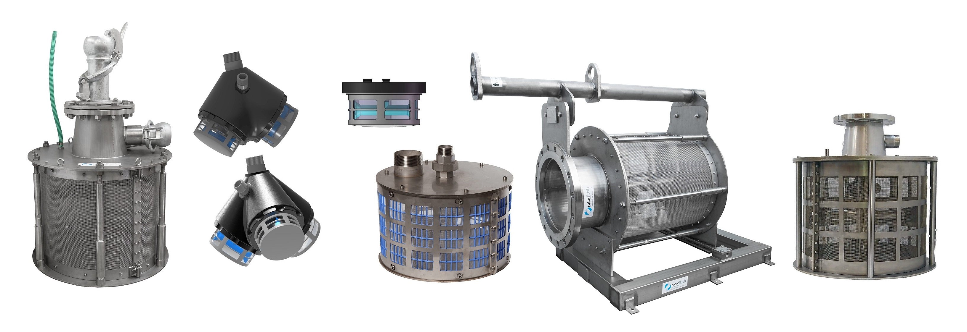 Selection of Rotorflush Self-cleaning suction intake filters for water pumps.