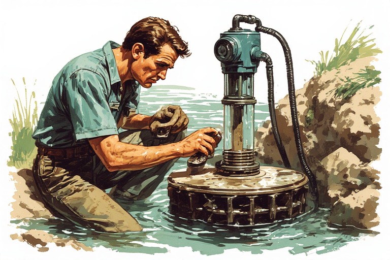 Man unblocking a pump the old way