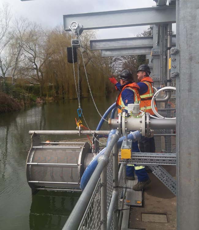 Eel screens on a raw water intake at a water treatment plant in England.